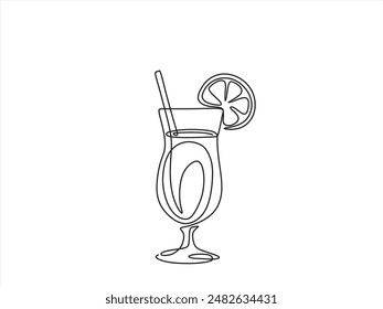Dibujo continuo de una línea de Vaso de limonada, o cóctel con limón.	
