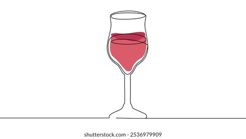 Continuous one line drawing of glass of red wine. Minimalist holiday concept of celebrate toast and cheering drink in simple linear style. Editable stroke. Outline Vector illustration