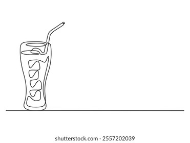 Continuous one line drawing glass of cola ice symbol concept. Silhouette of cold sparkling sugar drink lemonade technology icon. Digital white single line sketch drawing vector illustration