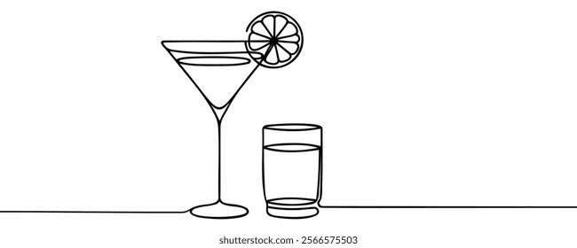 Continuous one line drawing of Glass of lemonade, or cocktail with lemon.