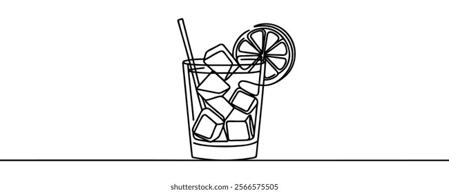 Continuous one line drawing of Glass of lemonade, or cocktail with lemon.