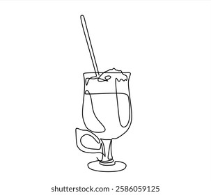 Continuous one line drawing of Glass of lemonade, or cocktail with lemon.	