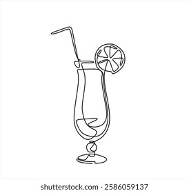 Continuous one line drawing of Glass of lemonade, or cocktail with lemon.	