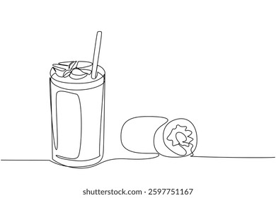 Continuous one line drawing glass of kiwi juice with straw and leaf on top of glass. Fresh drinks that protect the immune system. National Juice Slush Day. Single line draw design vector illustration