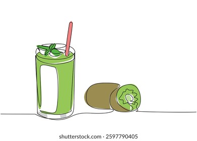 Continuous one line drawing glass of kiwi juice with straw and leaf on top of glass. Fresh drinks that protect the immune system. National Juice Slush Day. Single line draw design vector illustration