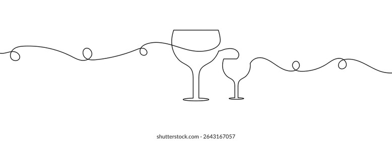 Um desenho contínuo de uma linha de copo de vinho. Champanhe brinde e torce em estilo linear simples. Álcool e coquetel bebem menu em traço editável. Faça um doodle com uma ilustração vetorial de linha . EPS 10 