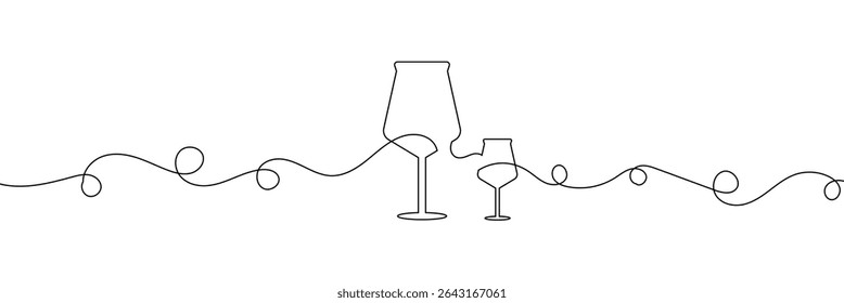 Um desenho contínuo de uma linha de copo de vinho. Champanhe brinde e torce em estilo linear simples. Álcool e coquetel bebem menu em traço editável. Faça um doodle com uma ilustração vetorial de linha . EPS 10 