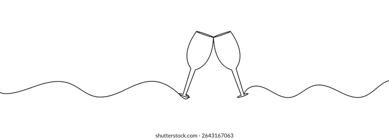 Um desenho contínuo de uma linha de copo de vinho. Champanhe brinde e torce em estilo linear simples. Álcool e coquetel bebem menu em traço editável. Faça um doodle com uma ilustração vetorial de linha . EPS 10 