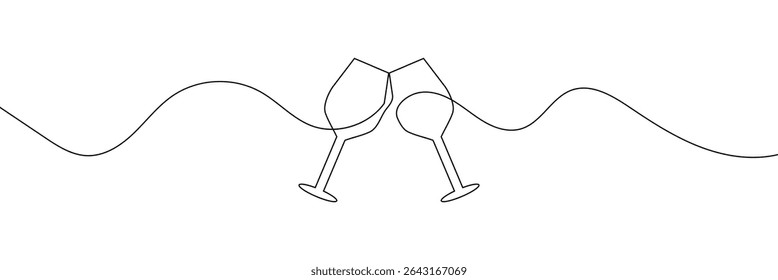 Um desenho contínuo de uma linha de copo de vinho. Champanhe brinde e torce em estilo linear simples. Álcool e coquetel bebem menu em traço editável. Faça um doodle com uma ilustração vetorial de linha . EPS 10 