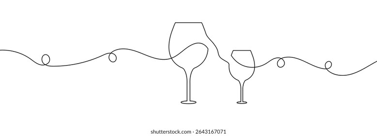 Um desenho contínuo de uma linha de copo de vinho. Champanhe brinde e torce em estilo linear simples. Álcool e coquetel bebem menu em traço editável. Faça um doodle com uma ilustração vetorial de linha . EPS 10 