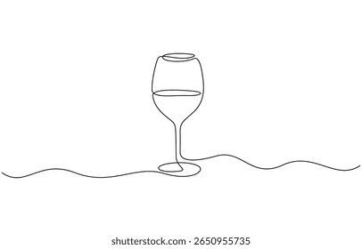 Continuous one line drawing of a glass of wine. Champagne and drinking wine from a glass, Minimalist continuous one line drawing of a wineglass, Wine glass continuous line. Equipment concept.