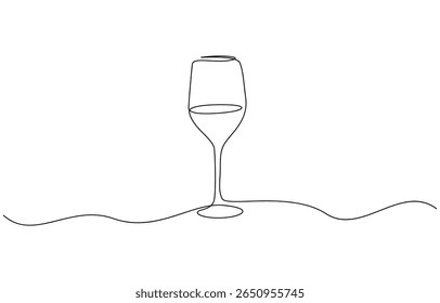 Continuous one line drawing of a glass of wine. Champagne and drinking wine from a glass, Minimalist continuous one line drawing of a wineglass, Wine glass continuous line. Equipment concept.