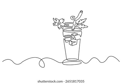 Continuous one line drawing glass of cola ice symbol concept. Silhouette of cold sparkling sugar drink lemonade technology icon. Digital white single line sketch drawing vector illustration. Editable