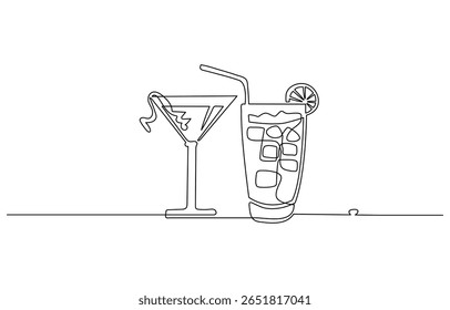 Continuous one line drawing glass of cola ice symbol concept. Silhouette of cold sparkling sugar drink lemonade technology icon. Digital white single line sketch drawing vector illustration. Editable
