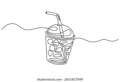 Um desenho contínuo de uma linha de vidro do conceito de símbolo de gelo de cola. Silhueta de espumante frio açúcar beber ícone da tecnologia de limonada. Digital branco linha única esboço desenho vetor ilustração. Editável