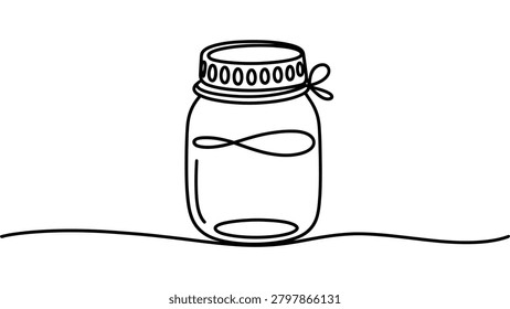 continuous one line drawing of glass mason jar with decorative ribbon minimalist storage container outline vector illustration isolated on white background