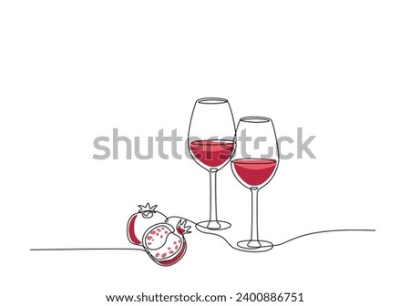 Continuous one line drawing of glass with wine and pomegranate. Single line drawing of wineglass, glassware for alcohol with place for text Lineart style for wine tasting event, menu, poster, banner