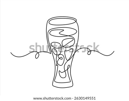 Continuous one line drawing glass of cola ice symbol concept. Silhouette of cold sparkling sugar drink lemonade technology icon. Digital white single line sketch drawing vector illustration. Editable	