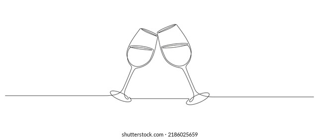 Continuous one line drawing of glasses of red wine. Minimalist holiday concept of celebrate toast and cheering drink in simple linear style. Editable stroke. Doodle Vector illustration