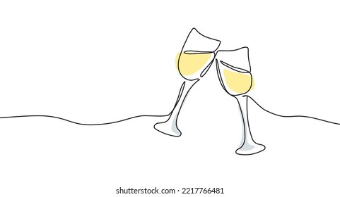 Continuous one line drawing of glasses of champagne with abstract shapes. Concept of cheers, toast, holiday in line art style. Vector illustration isolated on white background