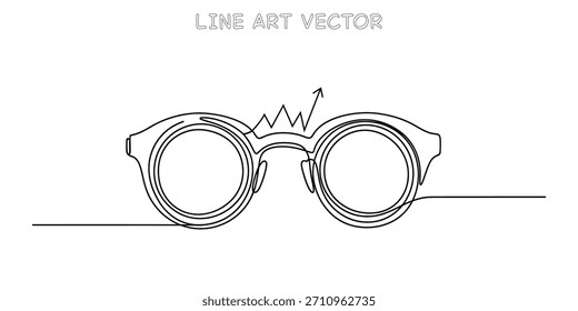 Dibujo continuo de una línea de gafas con una línea de gráfico dentada y rota que simboliza el estrés financiero