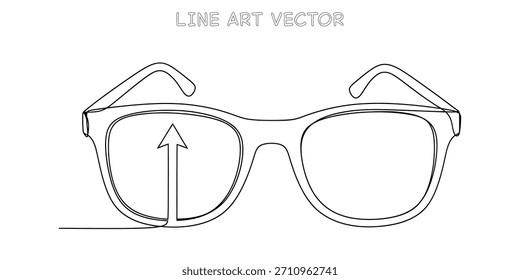 Dibujo continuo de una línea de gafas con una flecha apuntando hacia arriba que simboliza una visión positiva
