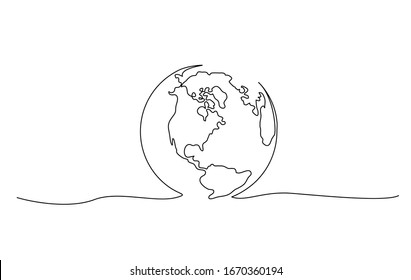 Continuous one line drawing. Globe of the Earth. Map side of America. Vector illustration