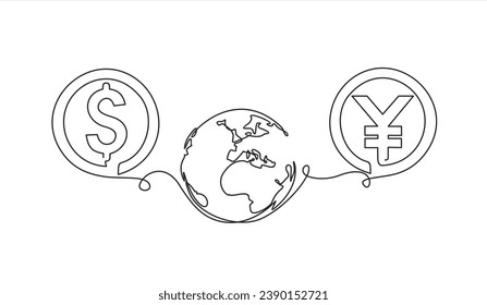 Continuous one line drawing of globe with dollar sign and Chinese yuan sign. World map one line art. Earth globe hand drawn insignia. Stock vector illustration isolated on white background