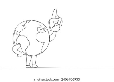 Continuous one line drawing globe using a toy hand. The best call and invitation to protect the earth. Reduce pollution. Save the planet. Keep green earth.  Single line draw design vector illustration