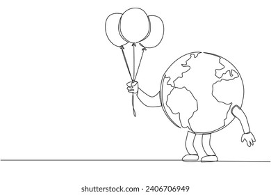 Continuous one line drawing globe holds several balloons. The clean air of the earth brings joy to everyone. Take care of the earth wherever and whenever. Single line draw design vector illustration