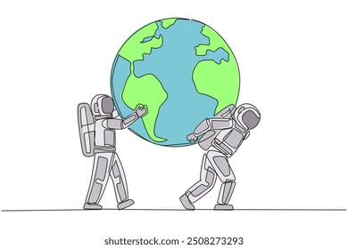 Continuous one line drawing globe is carried by astronaut assisted by others who holds it. Cosmonauts work together to protect the earth. Environment care. Single line draw design vector illustration