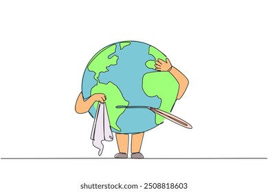 Continuous one line drawing globe chews thermometer while holding handkerchief. Imbalance occurs. The earth's temperature is getting warmer. Global warming. Single line draw design vector illustration