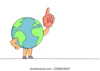 Continuous one line drawing globe using a toy hand. The best call and invitation to protect the earth. Reduce pollution. Save the planet. Keep green earth.  Single line draw design vector illustration