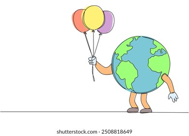 O globo de desenho contínuo de uma linha segura vários balões. O ar limpo da terra traz alegria a todos. Cuide da terra onde e quando. Ilustração de vetor de design de desenho de linha única