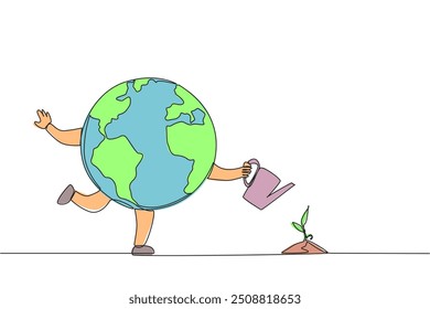 Continuous one line drawing globe watering plant seed. Plant plants with joy. Maintain air purity. Protecting the ecosystem. Keep the planet green. Save. Single line draw design vector illustration