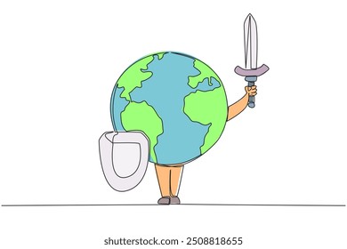 Continuous one line drawing globe holds a shield and sword. Guardian of the earth. Always ready to be relied on. Guardian of the cleanliness of the earth. Single line draw design vector illustration