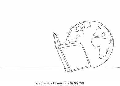 Continuous one line drawing globe hugging and reading a book. Reading to increase knowledge. Chasing dreams as high as possible. World Storytelling Day. Single line draw design vector illustration