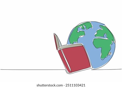 Continuous one line drawing globe hugging and reading a book. Reading to increase knowledge. Chasing dreams as high as possible. World Storytelling Day. Single line draw design vector illustration