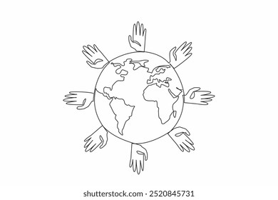 Continuous one line drawing a globe surrounded by hands of various colors. The global community coming together to support those affected. Rare Disease Day. Single line draw design vector illustration