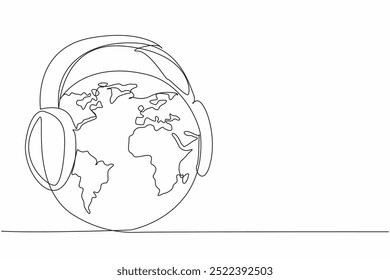 Globo de dibujo continuo de una línea con auriculares. La diversidad de culturas, idiomas y tradiciones. Escucha música en línea. Día Mundial de la Musicoterapia. Ilustración vectorial de diseño de dibujo de línea única