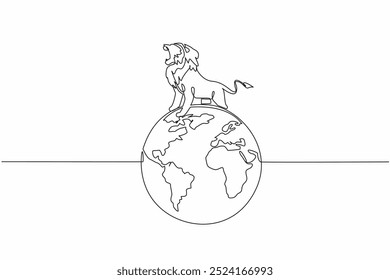 Continuous one line drawing globe with lion on top. Roar. Animal symbol number one. Top of the food chain. Fierce predator. Carnivore. World Wildlife Day. Single line draw design vector illustration