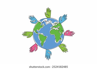 Continuous one line drawing a globe surrounded by hands of various colors. The global community coming together to support those affected. Rare Disease Day. Single line draw design vector illustration