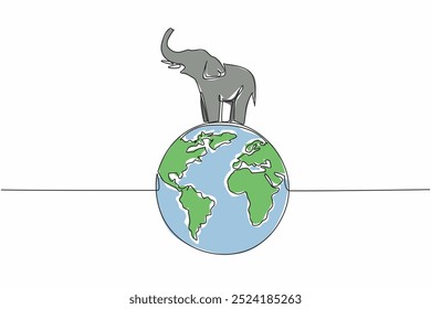 Continuous one line drawing globe with elephant on top. Stop poaching ivory as souvenirs. Irresponsible action. Comfortable habitat. World Wildlife Day. Single line draw design vector illustration