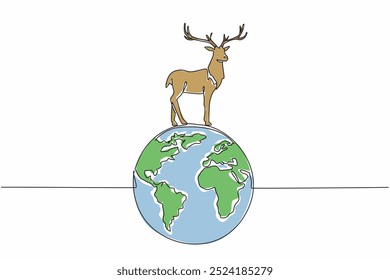 Continuous one line drawing globe with deer on top. Its existence maintains the balance of animal diversity. Hunt or be hunted. Natural. World Wildlife Day. Single line draw design vector illustration