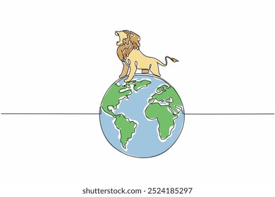 Continuous one line drawing globe with lion on top. Roar. Animal symbol number one. Top of the food chain. Fierce predator. Carnivore. World Wildlife Day. Single line draw design vector illustration