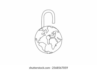 Continuous one line drawing globe made into an open padlock with a keyhole in the middle. Added passkey for easy login. Biometric. World Password Day. Single line draw design vector illustration