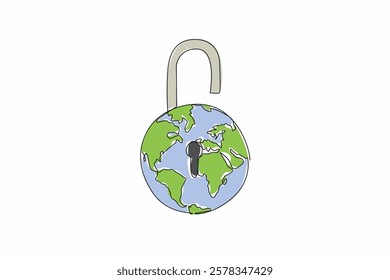 Continuous one line drawing globe made into an open padlock with a keyhole in the middle. Added passkey for easy login. Biometric. World Password Day. Single line draw design vector illustration