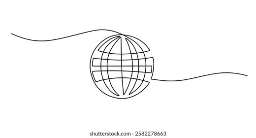 Continuous One line drawing of Globe with Vintage Map. World map with spherical lines and simple continental outlines. Vector illustration hand drawn.