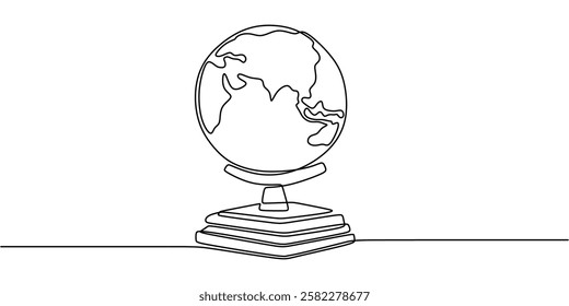 Continuous One line drawing of Globe with Vintage Map. Depicting the world with spherical lines and simple continent shapes. Vector illustration hand drawn.