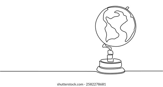 Continuous One line drawing of Globe with Vintage Map. World map with spherical lines and simple continental outlines. Vector illustration hand drawn.